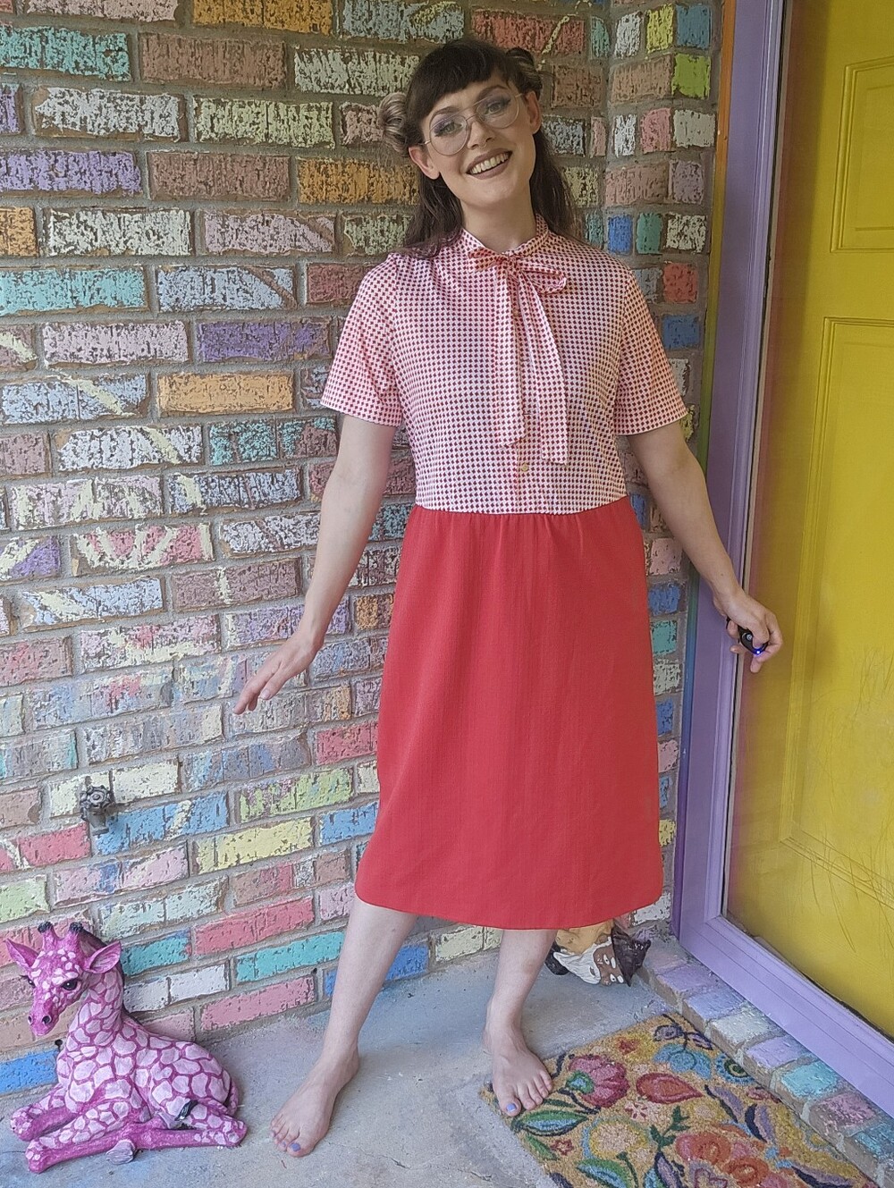 VIntage 70's ILGWU Joan Curtis Red Two-Tone Tie-Neck Dress